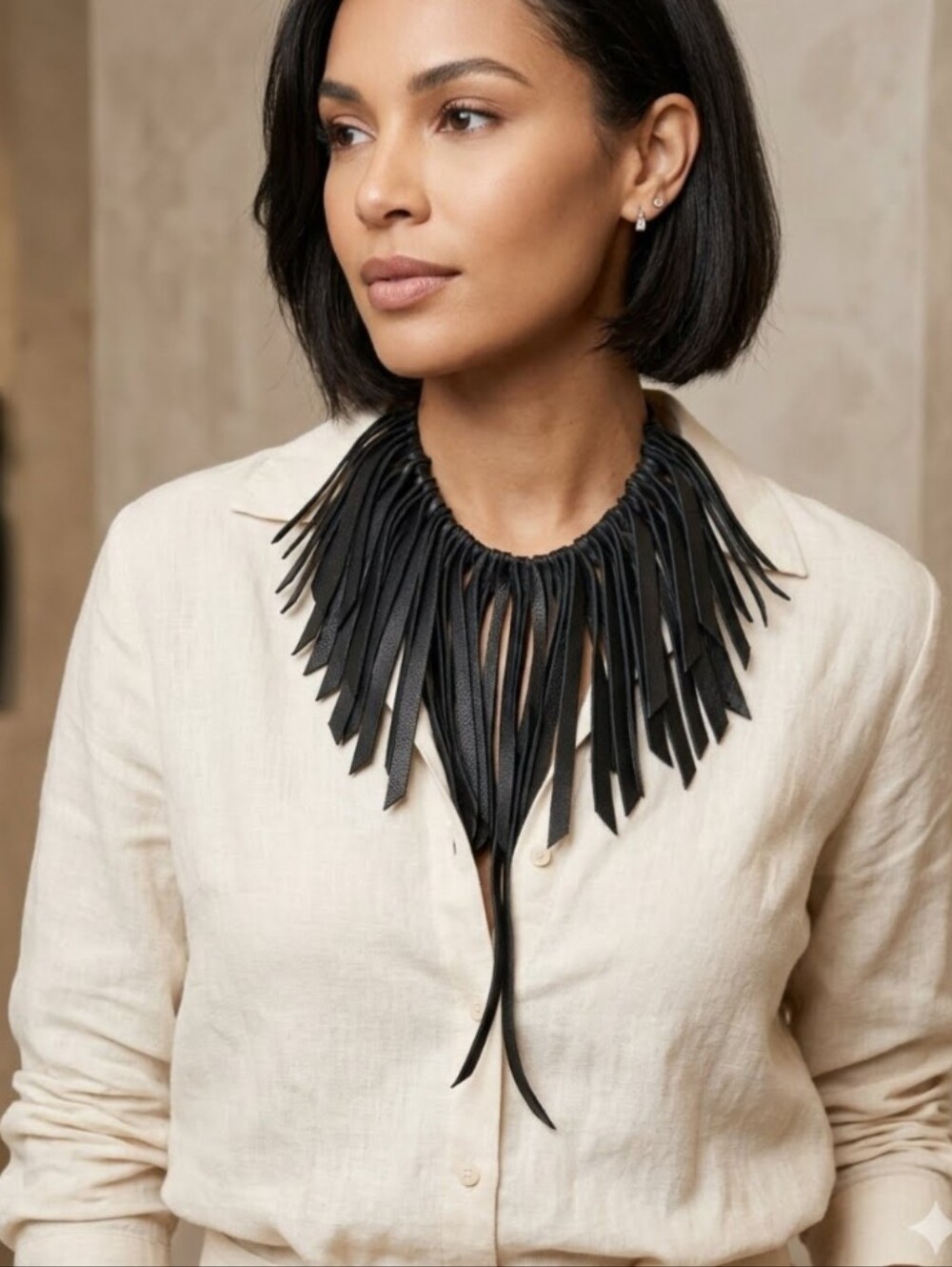 Boho Handmade Genuine Leather FRINGE Statement Necklace- Black 003